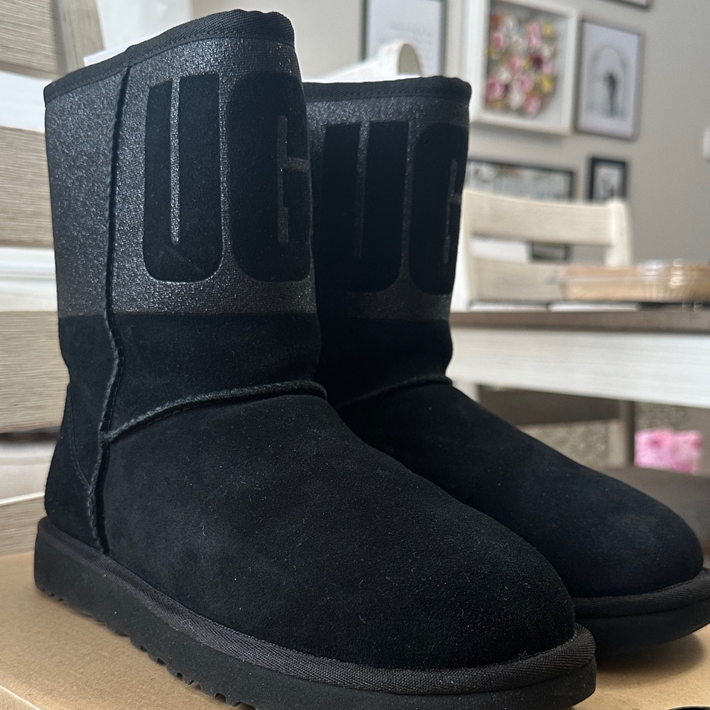 UGG Classic Black Boots with Bold Sparkle Logo